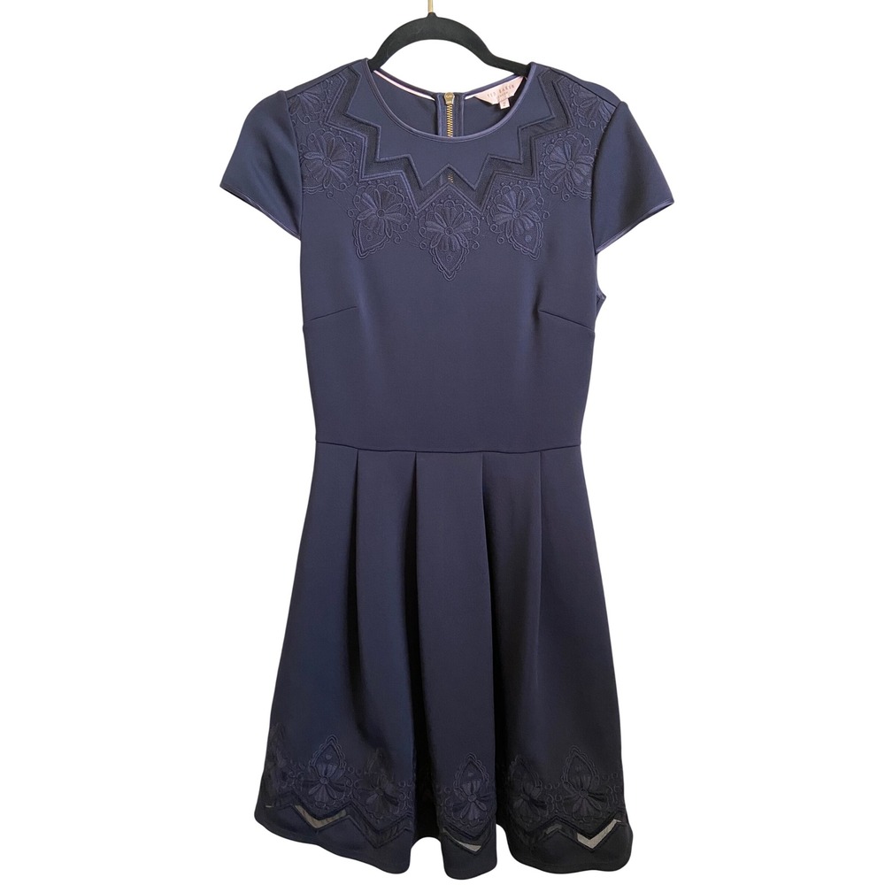 Ted Baker London Navy Blue Cheskka Embroidered Mesh Fit Flare Dress 2